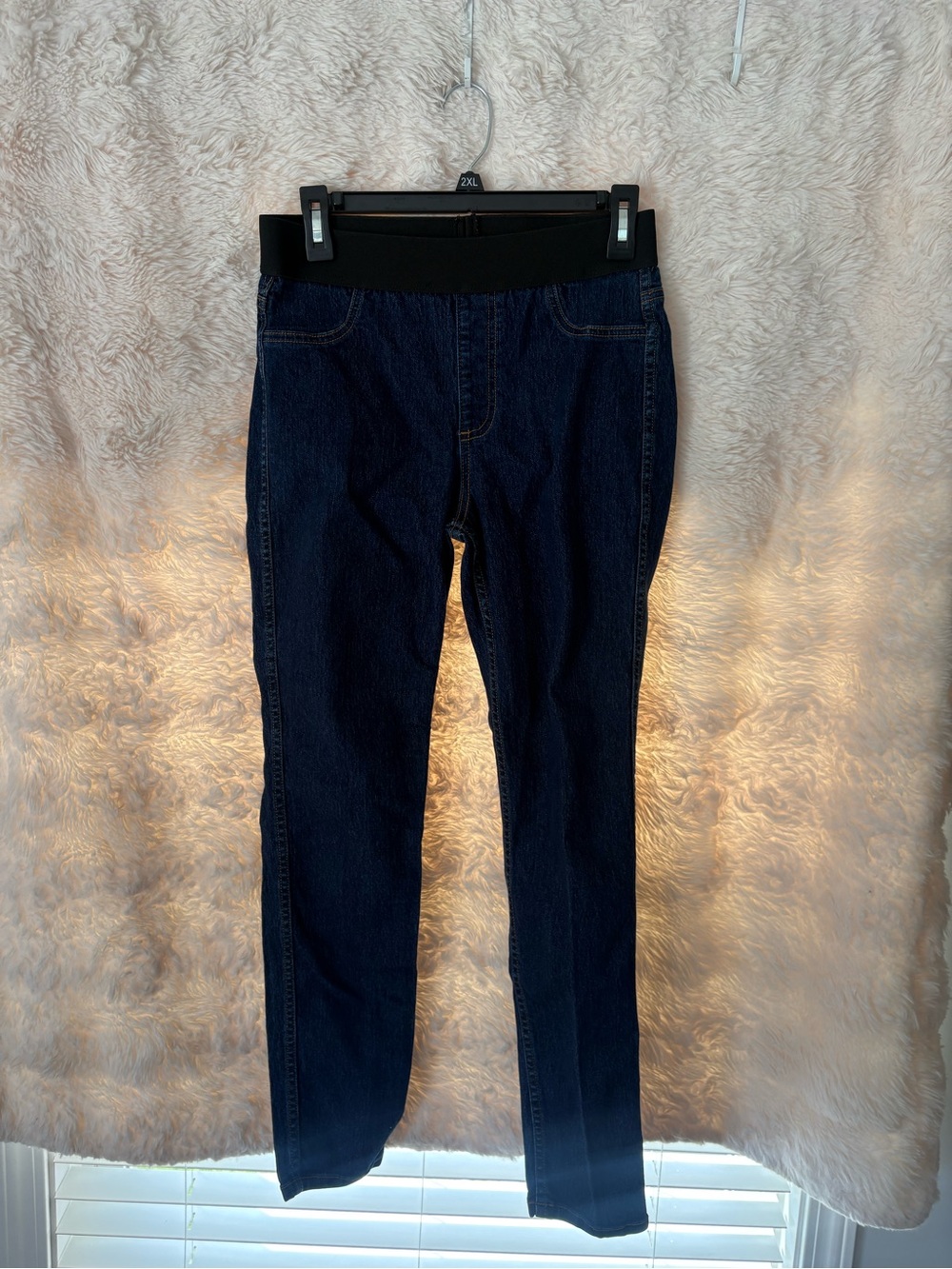 Karen Kane Dark Blue Straight Leg Pull-On Jeans with Black Waistband